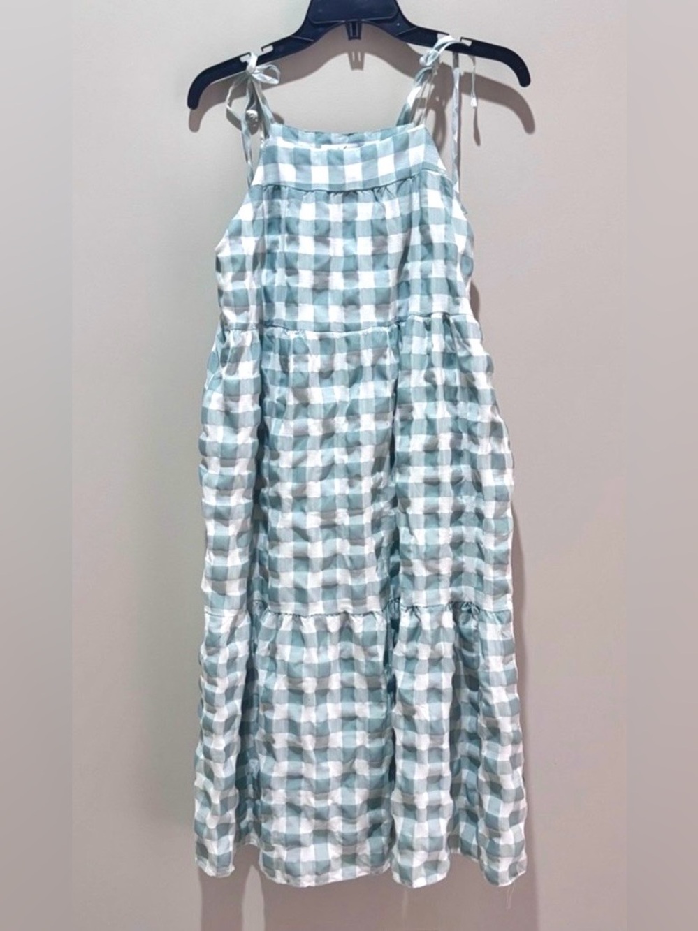 Petal & Pup Sage Green Gingham Tiered Midi Dress Tie Strap Cottagecore Size 4 - Picture 2 of 4